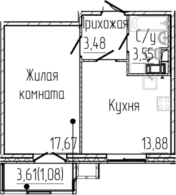 1-комнатная квартира 39.66 м², 4/8 эт., ЖК «SERTOLOVO PARK»